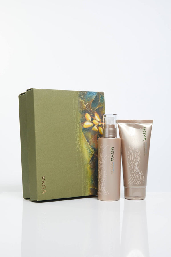 VOYA organic body gift set with squeaky clean organic body wash and softly does it hydrating body lotion