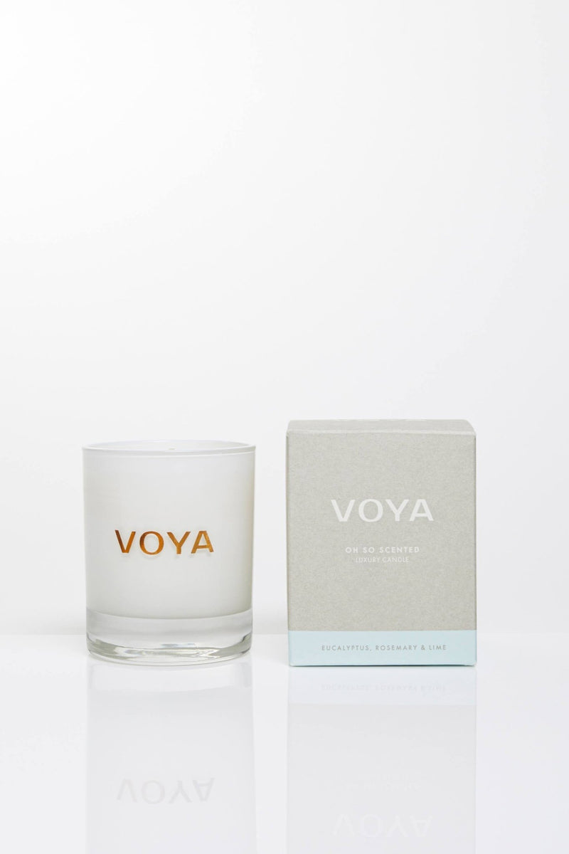 VOYA Skincare USA Eucalyptus, Rosemary, and Lime Luxury Essential Oil Candle, with outer box.