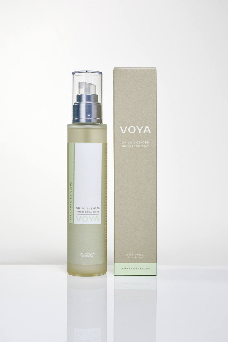 voya room spray with outer packaging, African Lime and Clove Scent, VOYA Skincare USA
