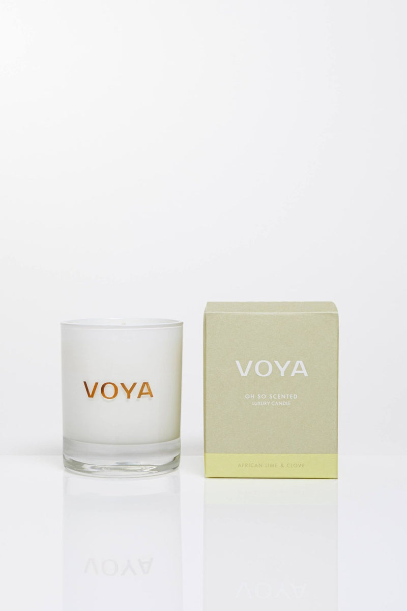 Essential Oil Scented Candle, African Lime and Clove Scent with outer packaging, VOYA Skincare USA