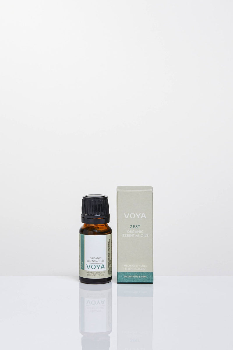 Zest Eucalyptus Essential Oils Blend with outer packaging, VOYA Skincare USA
